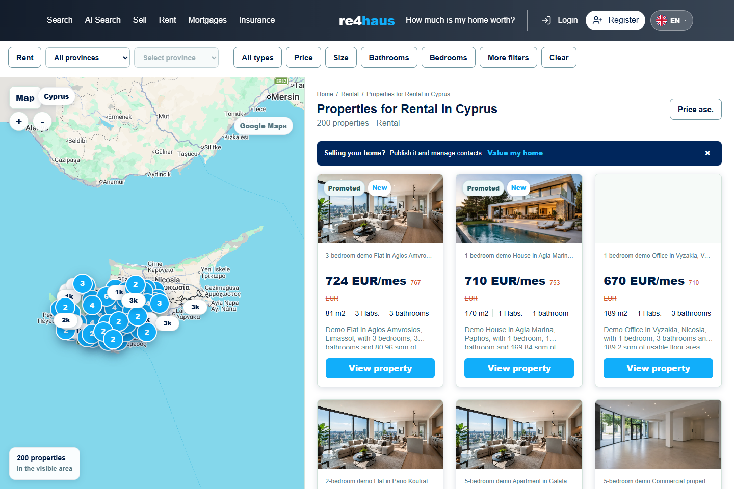 Búsqueda inmobiliaria de RE4HAUS con mapa y propiedades