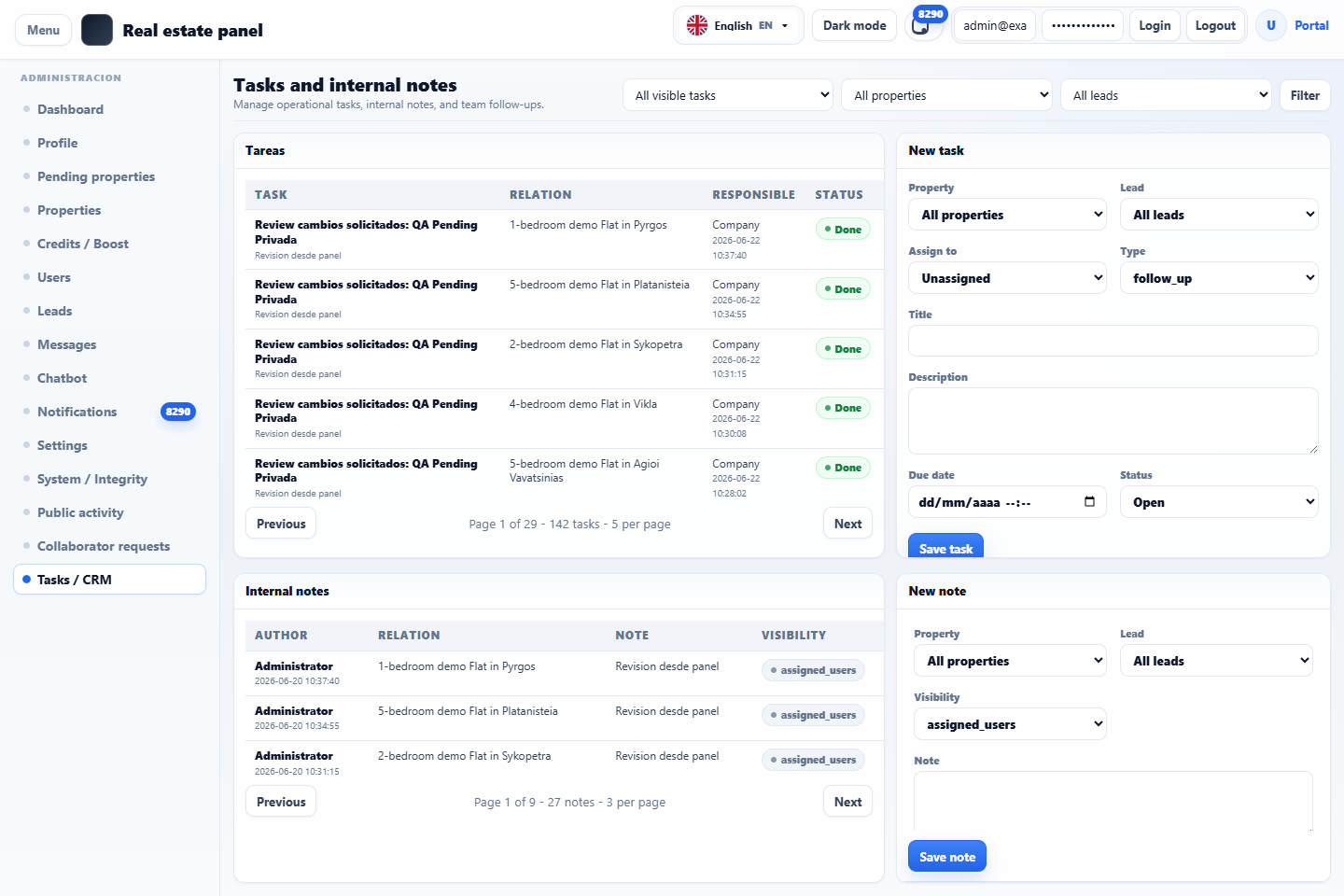 CRM interno con tareas, contexto de propiedad y seguimiento.